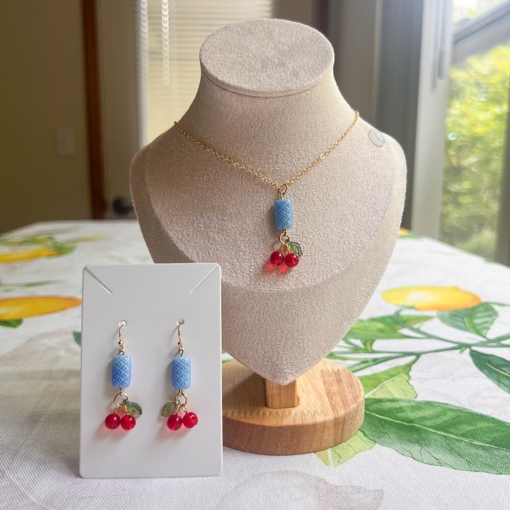 Jewelry Set Cherry Necklace Unique Czech Glass Blue Quilt Cottagecore Casual Fun